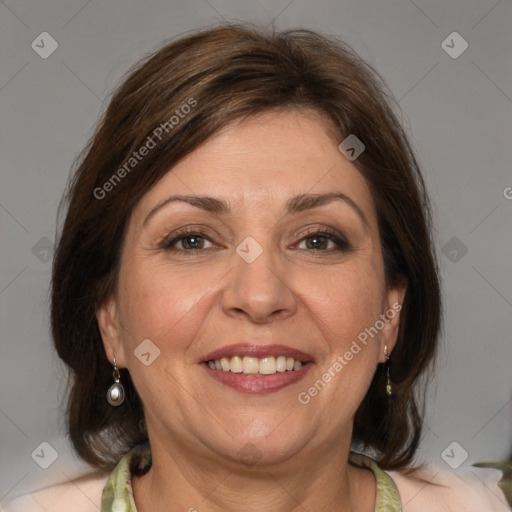 Joyful white adult female with medium  brown hair and brown eyes