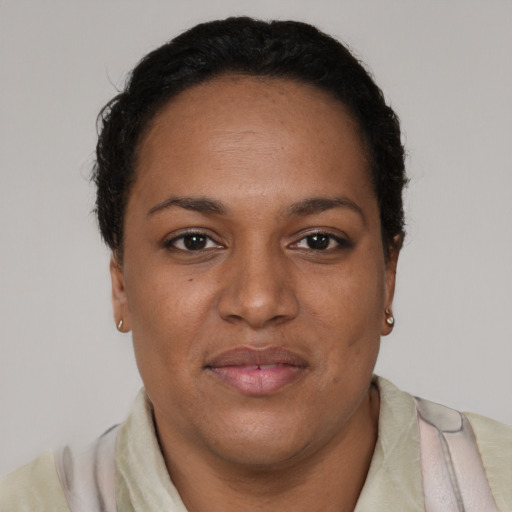 Joyful black young-adult female with short  brown hair and brown eyes