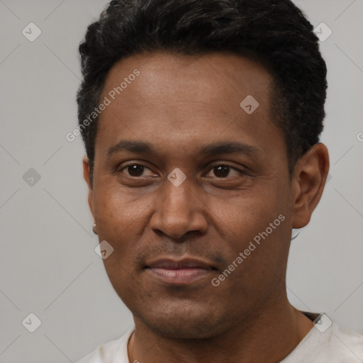 Neutral latino adult male with short  black hair and brown eyes