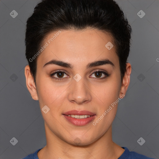 Joyful white young-adult female with short  brown hair and brown eyes