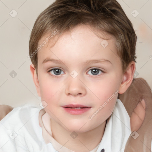 Joyful white child female with short  brown hair and brown eyes