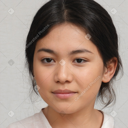 Joyful asian young-adult female with medium  black hair and brown eyes