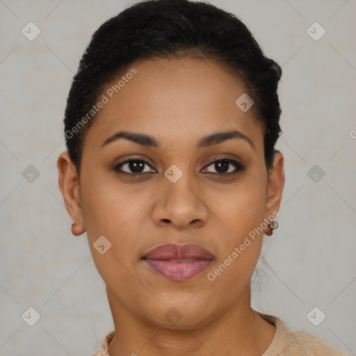 Joyful black young-adult female with short  brown hair and brown eyes