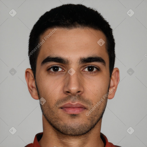 Neutral latino young-adult male with short  black hair and brown eyes