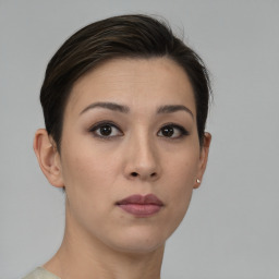Neutral white young-adult female with short  brown hair and brown eyes