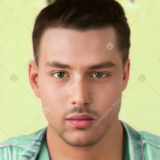 Neutral white young-adult male with short  brown hair and brown eyes