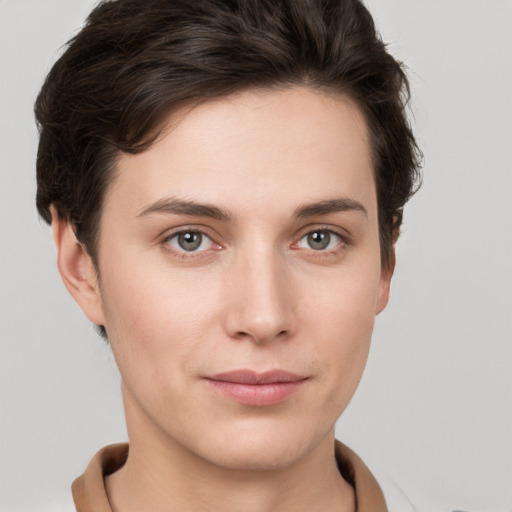 Neutral white young-adult female with short  brown hair and brown eyes