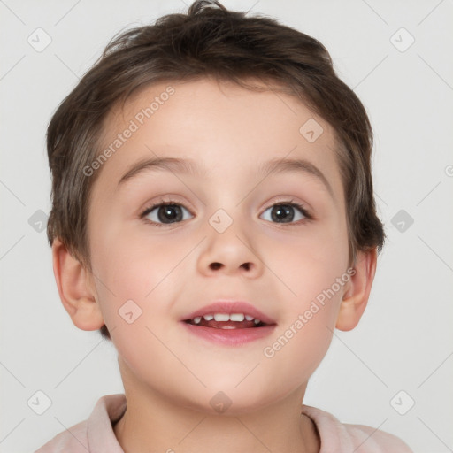 Joyful white child female with short  brown hair and brown eyes