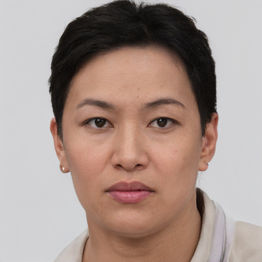 Neutral asian adult female with short  brown hair and brown eyes