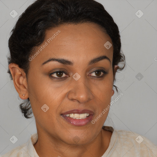 Joyful latino young-adult female with short  brown hair and brown eyes