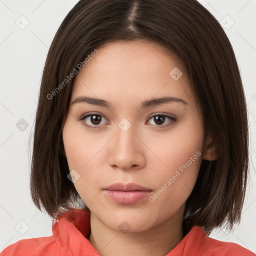 Neutral white young-adult female with medium  brown hair and brown eyes