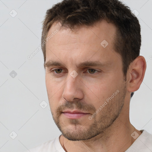 Neutral white adult male with short  brown hair and brown eyes