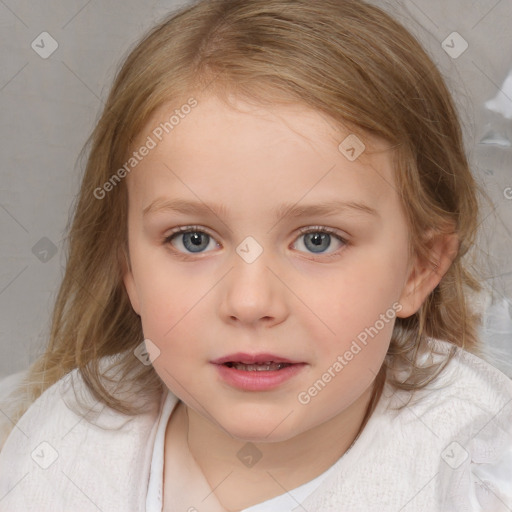 Neutral white child female with medium  brown hair and blue eyes