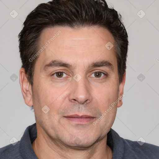 Neutral white adult male with short  brown hair and brown eyes