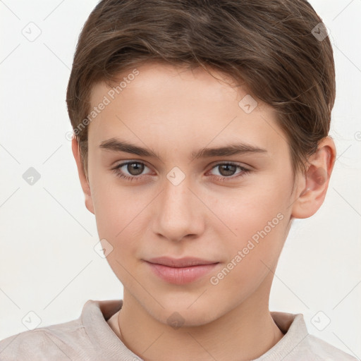 Joyful white child female with short  brown hair and brown eyes