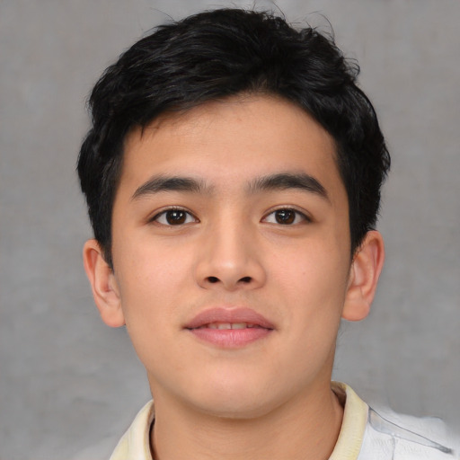 Neutral asian young-adult male with short  brown hair and brown eyes