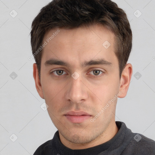 Neutral white young-adult male with short  brown hair and brown eyes