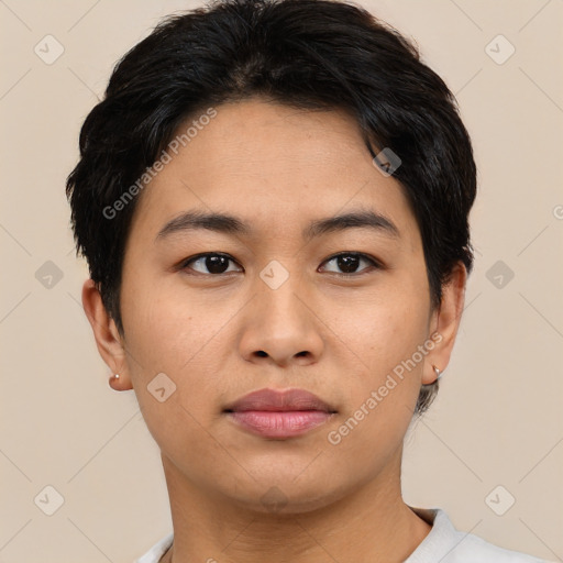 Neutral asian young-adult female with short  brown hair and brown eyes