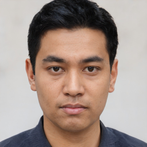 Neutral asian young-adult male with short  black hair and brown eyes