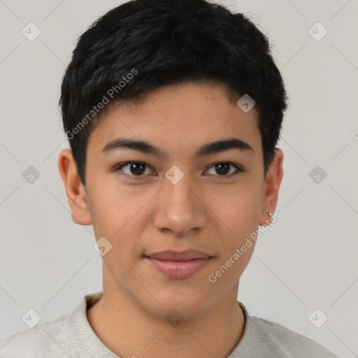 Joyful latino young-adult male with short  brown hair and brown eyes