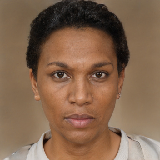 Neutral black adult female with short  black hair and brown eyes