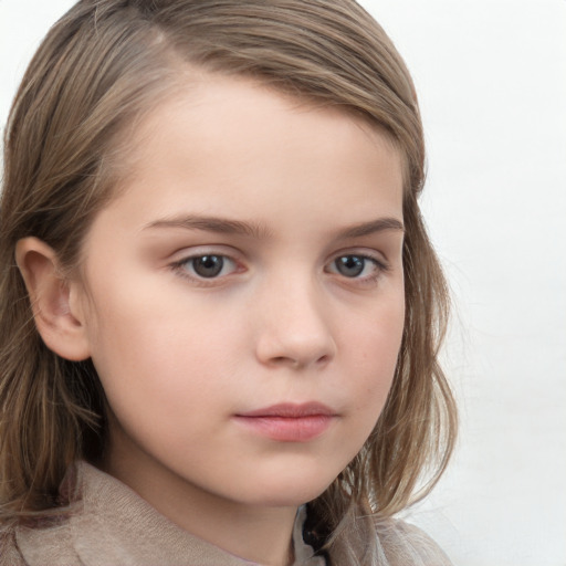 Neutral white child female with long  brown hair and grey eyes