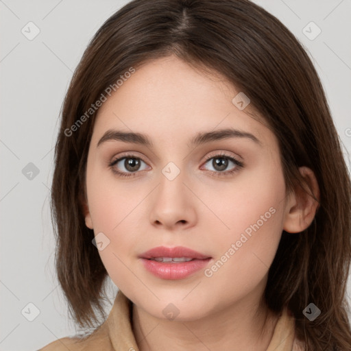 Neutral white young-adult female with medium  brown hair and brown eyes