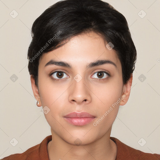 Neutral white young-adult female with short  black hair and brown eyes