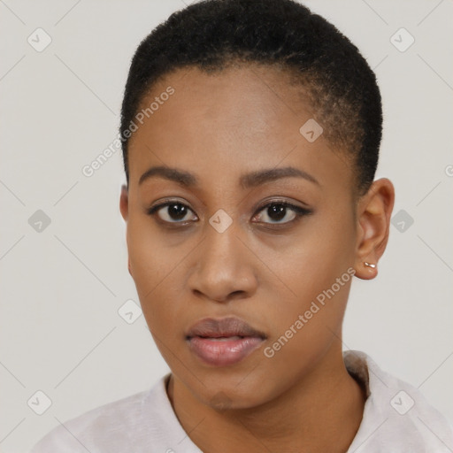 Neutral black young-adult female with short  brown hair and brown eyes