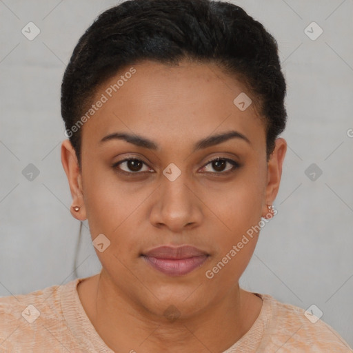 Joyful latino young-adult female with short  brown hair and brown eyes