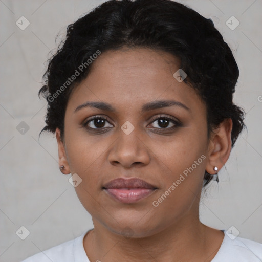 Joyful asian young-adult female with short  black hair and brown eyes