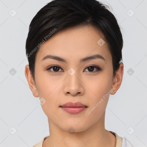 Neutral asian young-adult female with short  brown hair and brown eyes