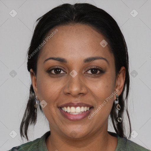 Joyful black young-adult female with medium  black hair and brown eyes