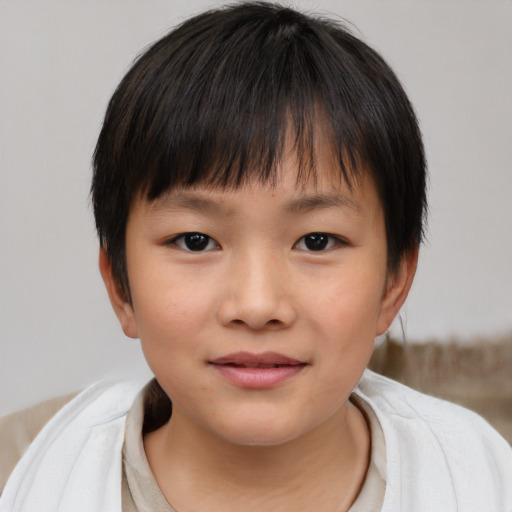 Joyful white child female with medium  brown hair and brown eyes