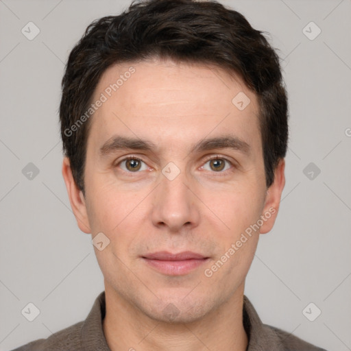 Neutral white adult male with short  brown hair and brown eyes