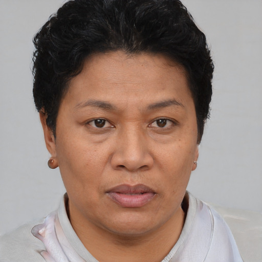 Joyful asian adult female with short  brown hair and brown eyes