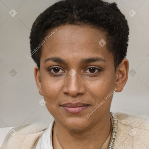 Joyful black young-adult female with short  brown hair and brown eyes