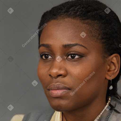 Neutral black young-adult female with short  black hair and brown eyes