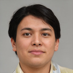 Neutral asian young-adult male with short  brown hair and brown eyes