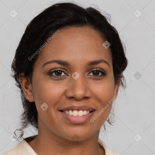 Joyful latino young-adult female with medium  brown hair and brown eyes