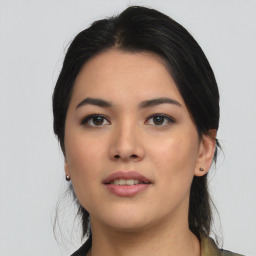 Neutral asian young-adult female with medium  black hair and brown eyes