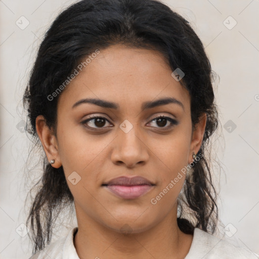 Joyful latino young-adult female with medium  brown hair and brown eyes