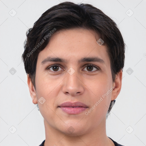 Joyful white young-adult male with short  brown hair and brown eyes