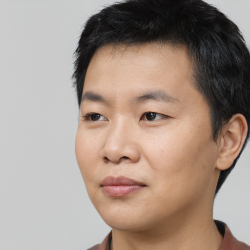 Neutral asian young-adult male with short  black hair and brown eyes