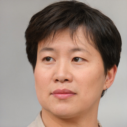 Joyful asian adult female with short  brown hair and brown eyes