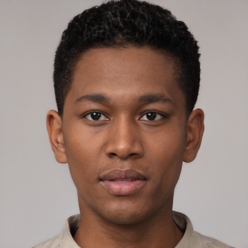 Neutral black young-adult male with short  black hair and brown eyes