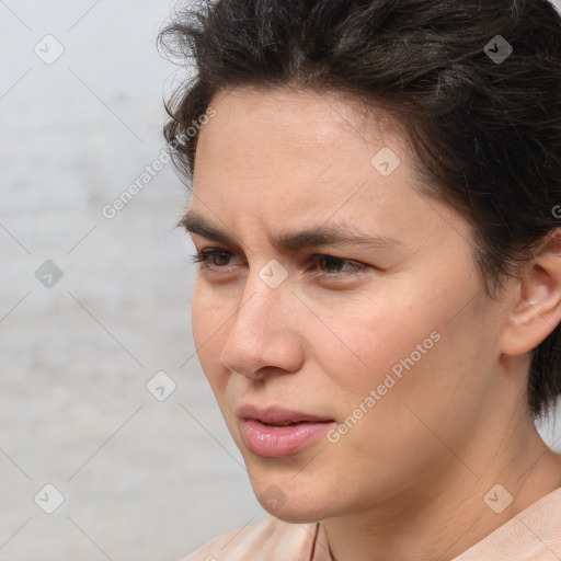 Neutral white young-adult female with short  brown hair and brown eyes