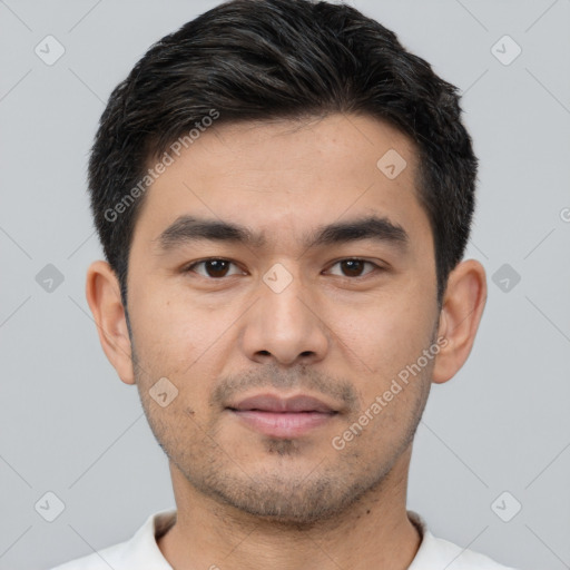 Neutral asian young-adult male with short  black hair and brown eyes