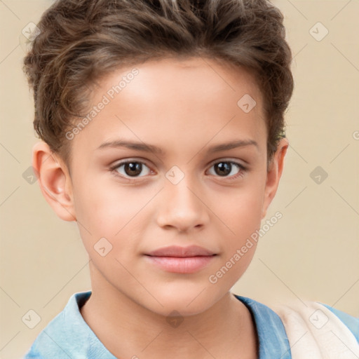 Joyful white child female with short  brown hair and brown eyes