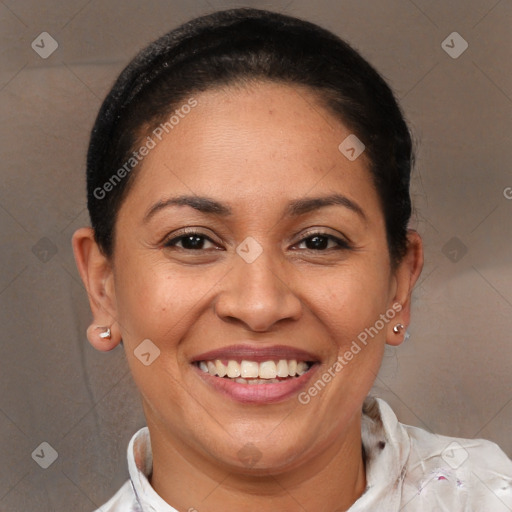 Joyful white adult female with short  brown hair and brown eyes
